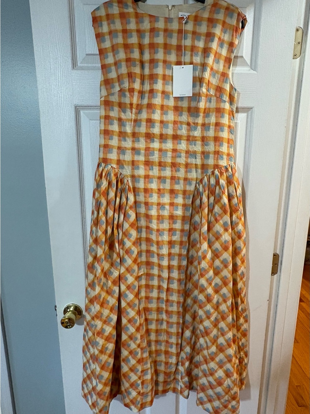 NWT women’s Aureum orange and beige gingham maxi dress in size M